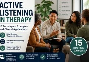 Diverse therapists and clients participating in a therapy discussion illustrating active listening techniques in psychotherapy