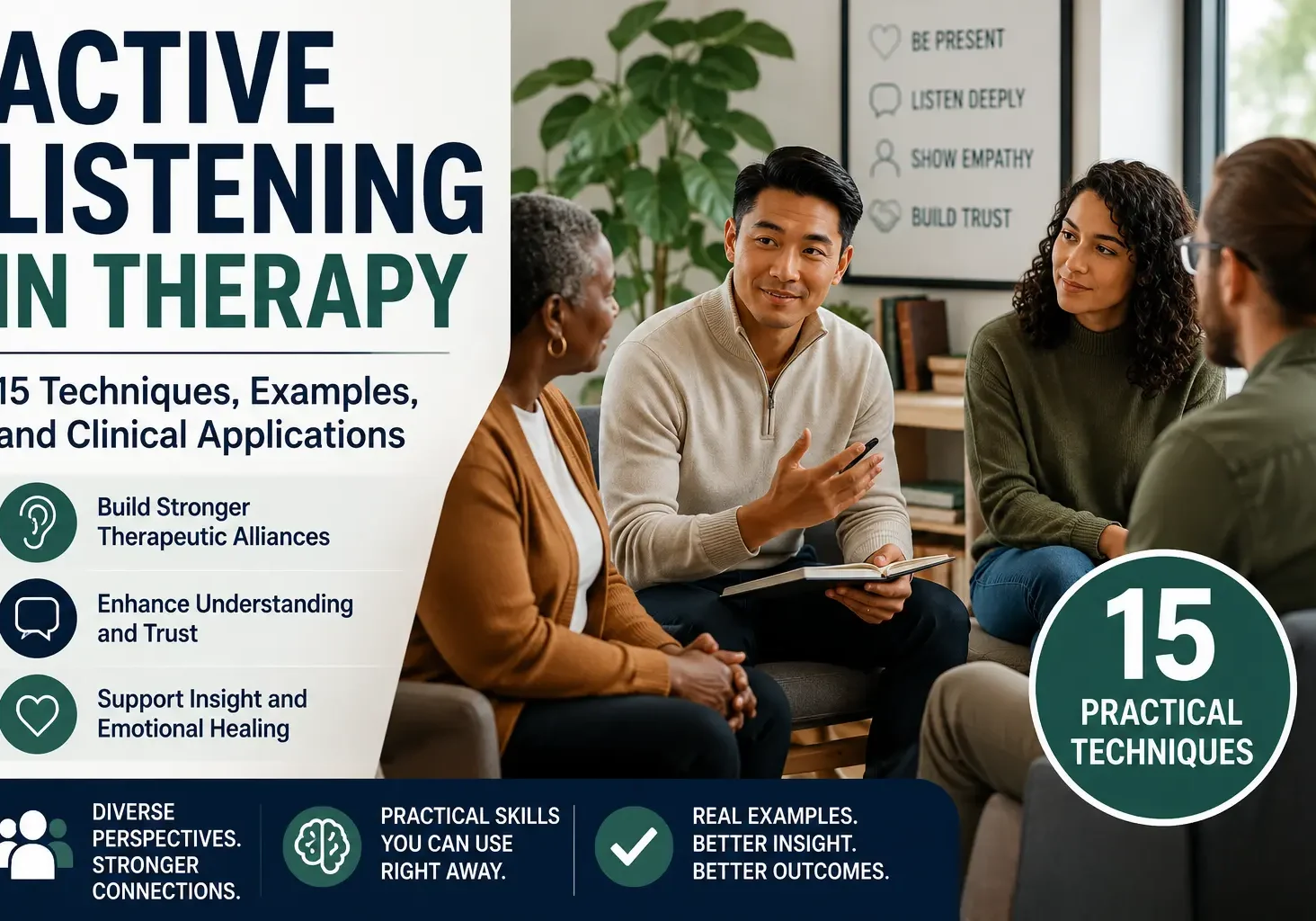 Diverse therapists and clients participating in a therapy discussion illustrating active listening techniques in psychotherapy
