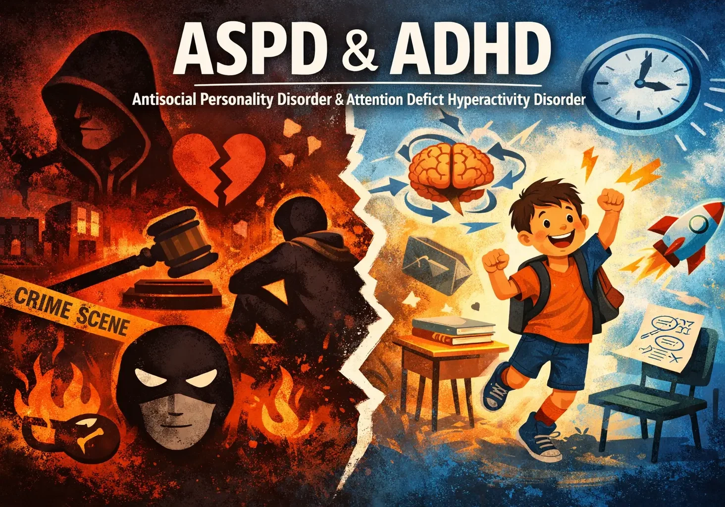 Illustration comparing ASPD and ADHD, highlighting differences between antisocial personality disorder and attention deficit hyperactivity disorder.