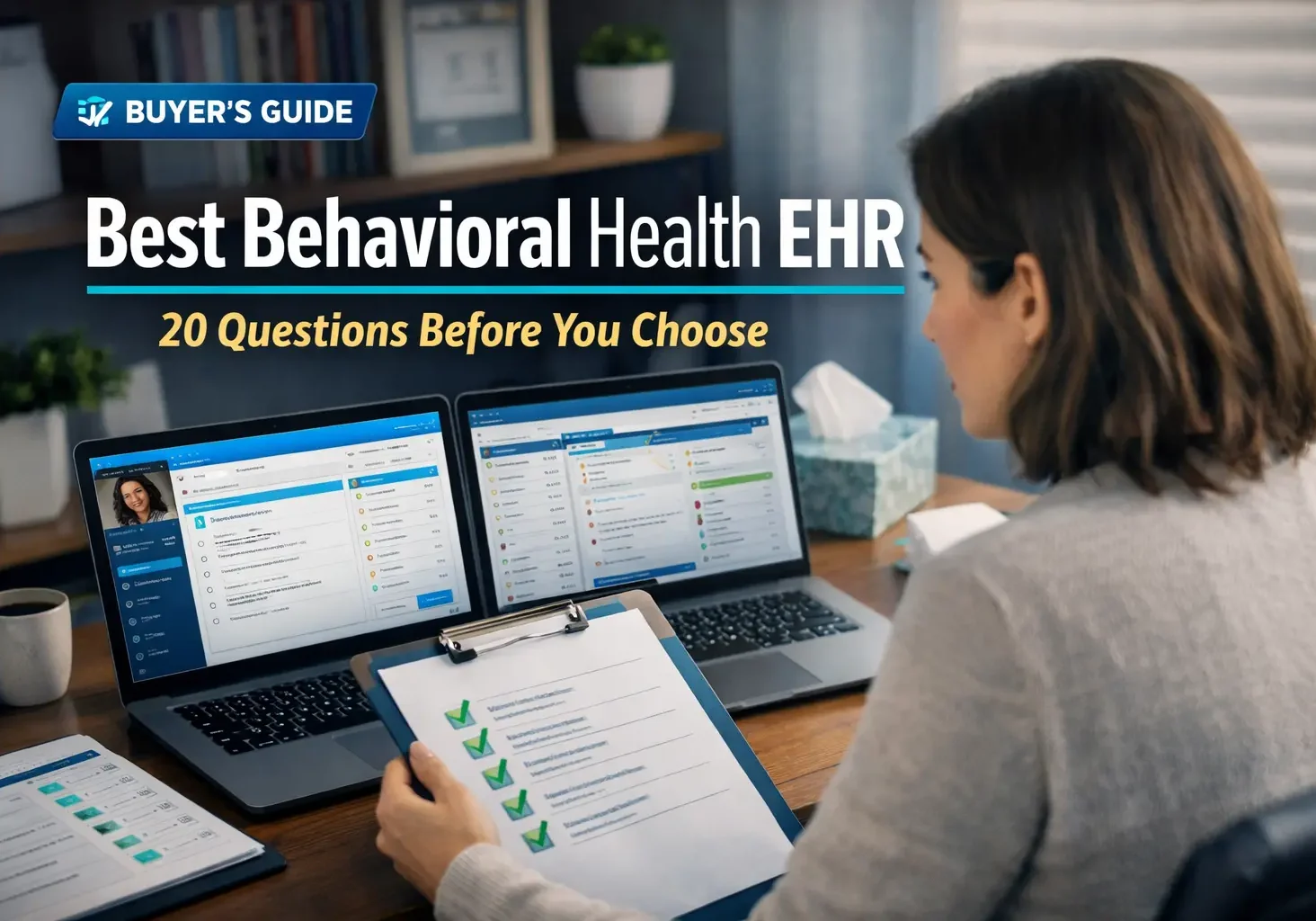Behavioral health clinician reviewing EHR software on laptop while comparing best behavioral health EHR systems