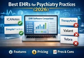 Best EHR software for psychiatry practices comparison including ICANotes, SimplePractice, TherapyNotes, and Valant