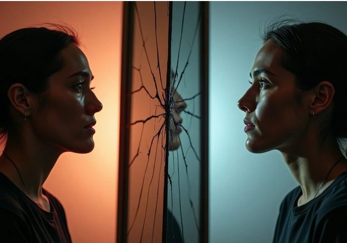 Split portrait of a woman facing her reflection in a cracked mirror, symbolizing emotional intensity and identity fragmentation in BPD vs sociopathy comparison.