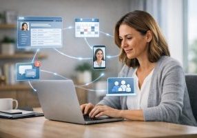 Behavioral health clinician using an EHR with connected systems illustrating a modern FHIR-based clinical workflow