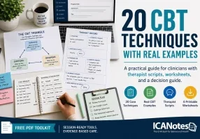Clinician using CBT worksheets and cognitive behavioral therapy techniques with real examples and therapy tools