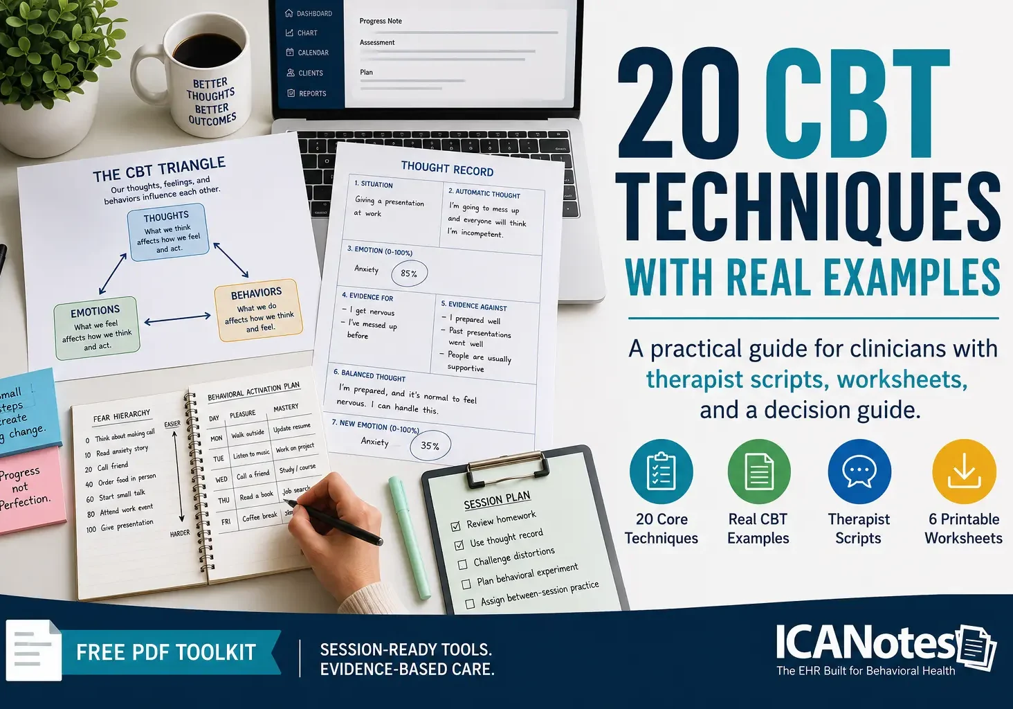 Clinician using CBT worksheets and cognitive behavioral therapy techniques with real examples and therapy tools