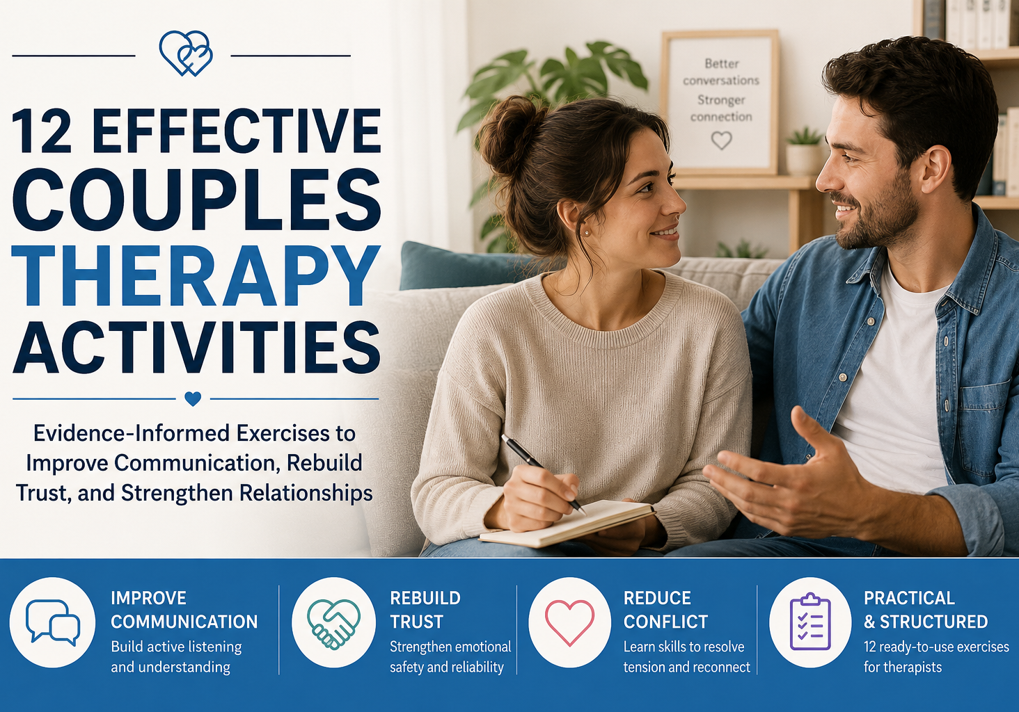 Couples participating in structured couples therapy activities to improve communication, rebuild trust, and strengthen relationships