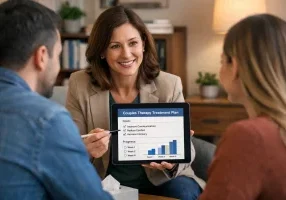 Therapist reviewing a couples therapy treatment plan with measurable treatment goals during a counseling session