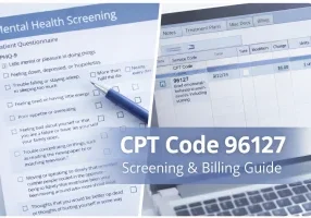 Mental health screening form and billing interface showing CPT code 96127 for behavioral assessment reimbursement