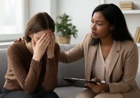 Therapist supporting a distressed client during a crisis therapy session, illustrating situations appropriate for billing CPT codes 90839 and 90840.