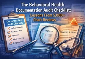 Behavioral health documentation audit checklist with medical necessity, treatment plans, billing accuracy, and chart review elements