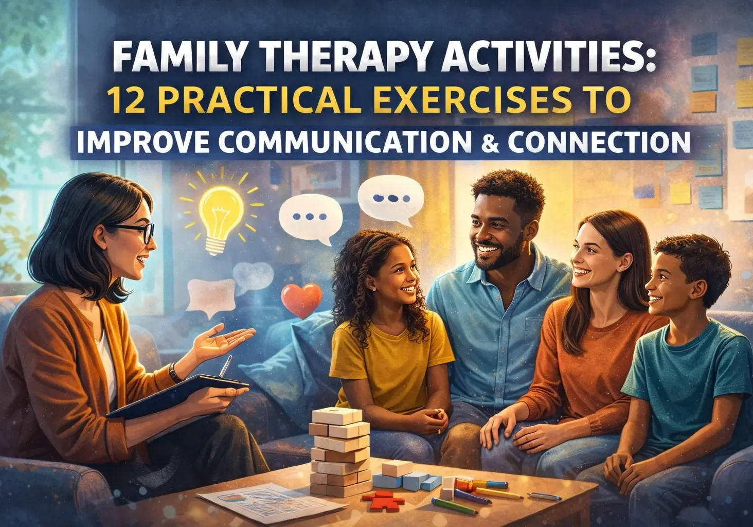 Family therapy session using structured communication exercises to improve connection between parents and children