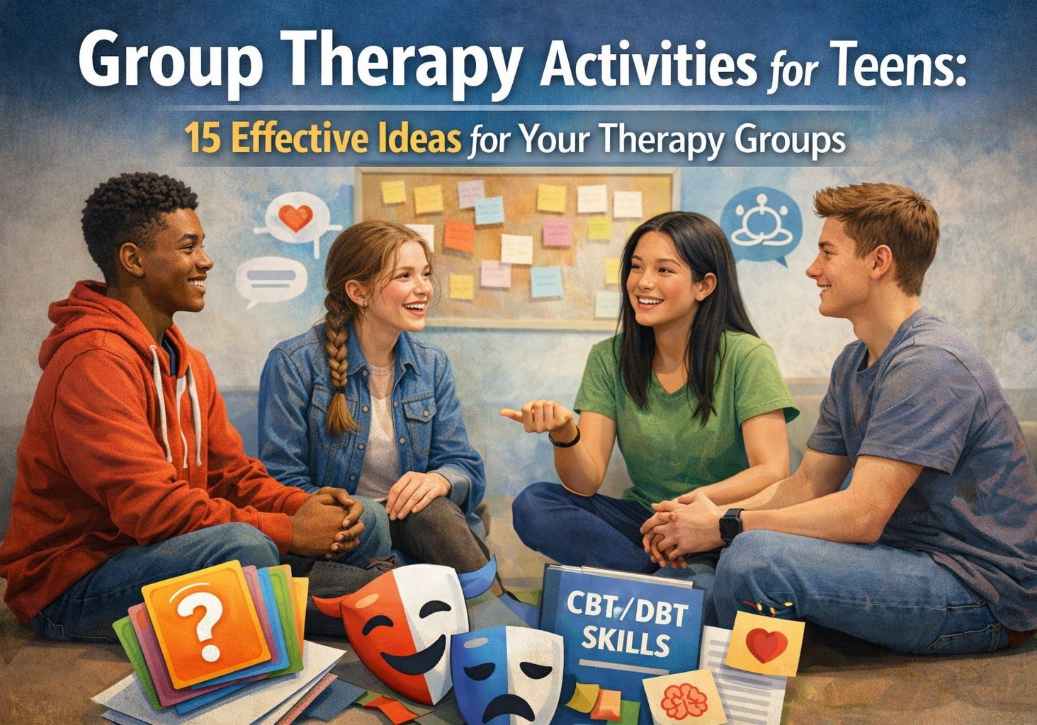 Group therapy activities for teens in a counseling session focused on communication and emotional skills