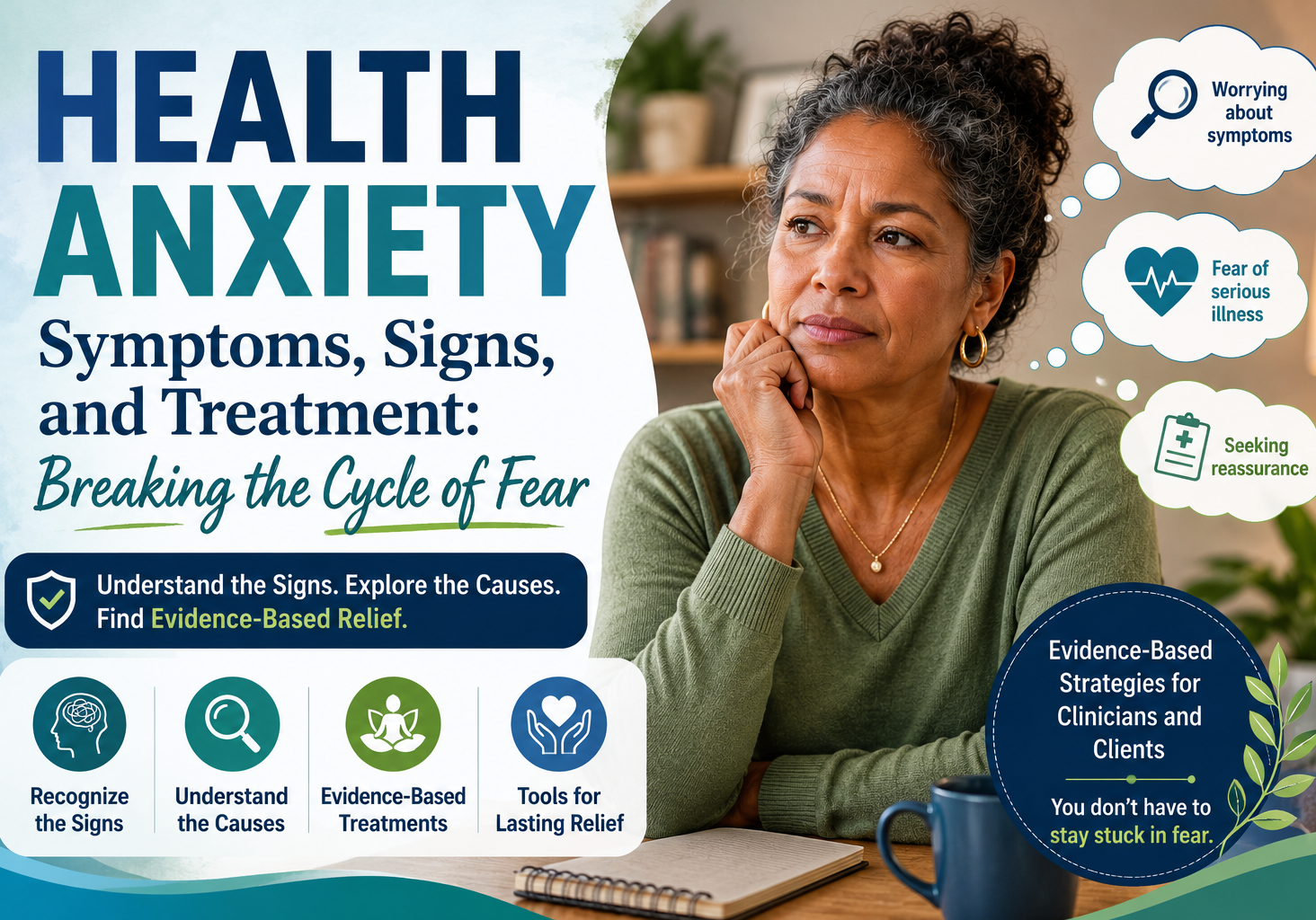 Man experiencing health anxiety with infographic showing the health anxiety cycle, symptoms, signs, and evidence-based treatment approaches including CBT and mindfulness.