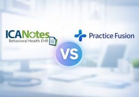 ICANotes vs Practice Fusion comparison showing both EHR logos, highlighting differences between behavioral health and general medical practice software.