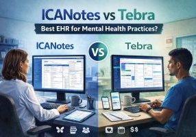 Side-by-side comparison of ICANotes and Tebra EHR platforms used by mental health clinicians