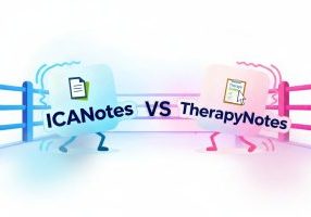Illustration of ICANotes and TherapyNotes logos facing off in a boxing ring, representing a head-to-head comparison of behavioral health EHR software.