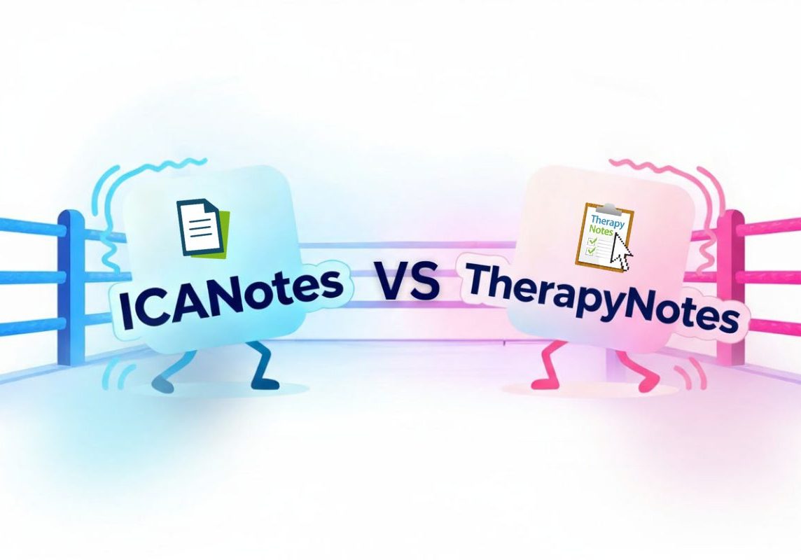 Illustration of ICANotes and TherapyNotes logos facing off in a boxing ring, representing a head-to-head comparison of behavioral health EHR software.