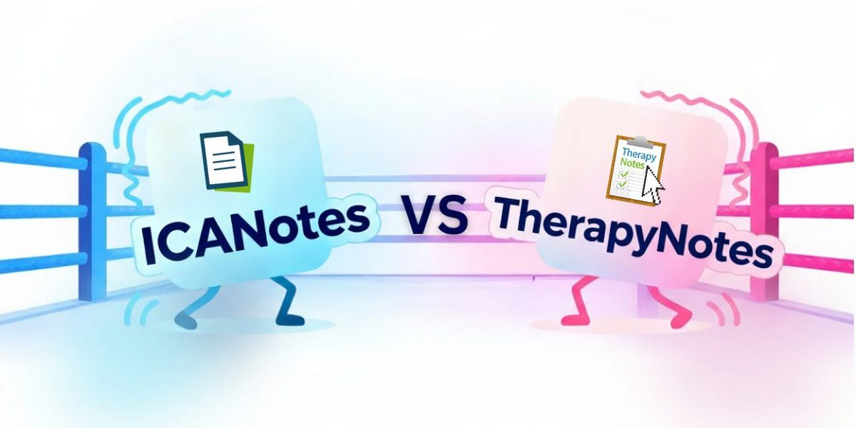 Illustration of ICANotes and TherapyNotes logos facing off in a boxing ring, representing a head-to-head comparison of behavioral health EHR software.