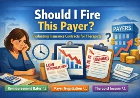 Mental health therapist evaluating insurance contracts with low reimbursement rates, denials, and payer negotiation decisions.
