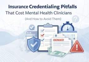 Illustration showing insurance credentialing pitfalls that cause denied claims and lost revenue for mental health clinicians