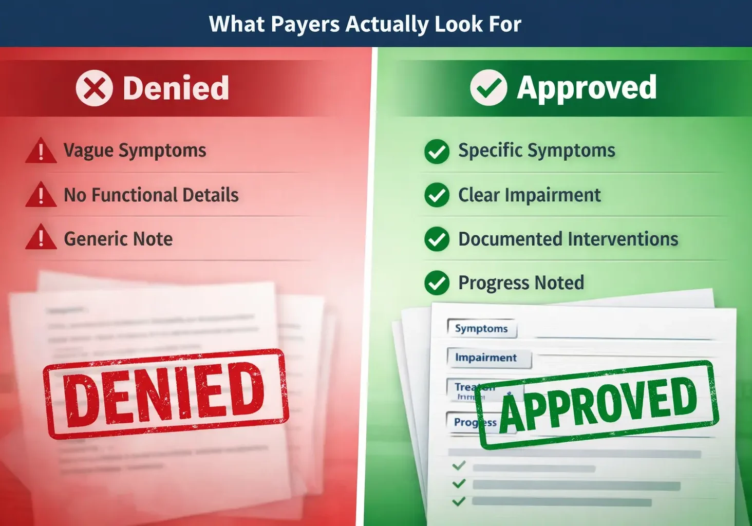 Comparison of weak vs strong medical necessity documentation in mental health showing denied vs approved insurance outcomes