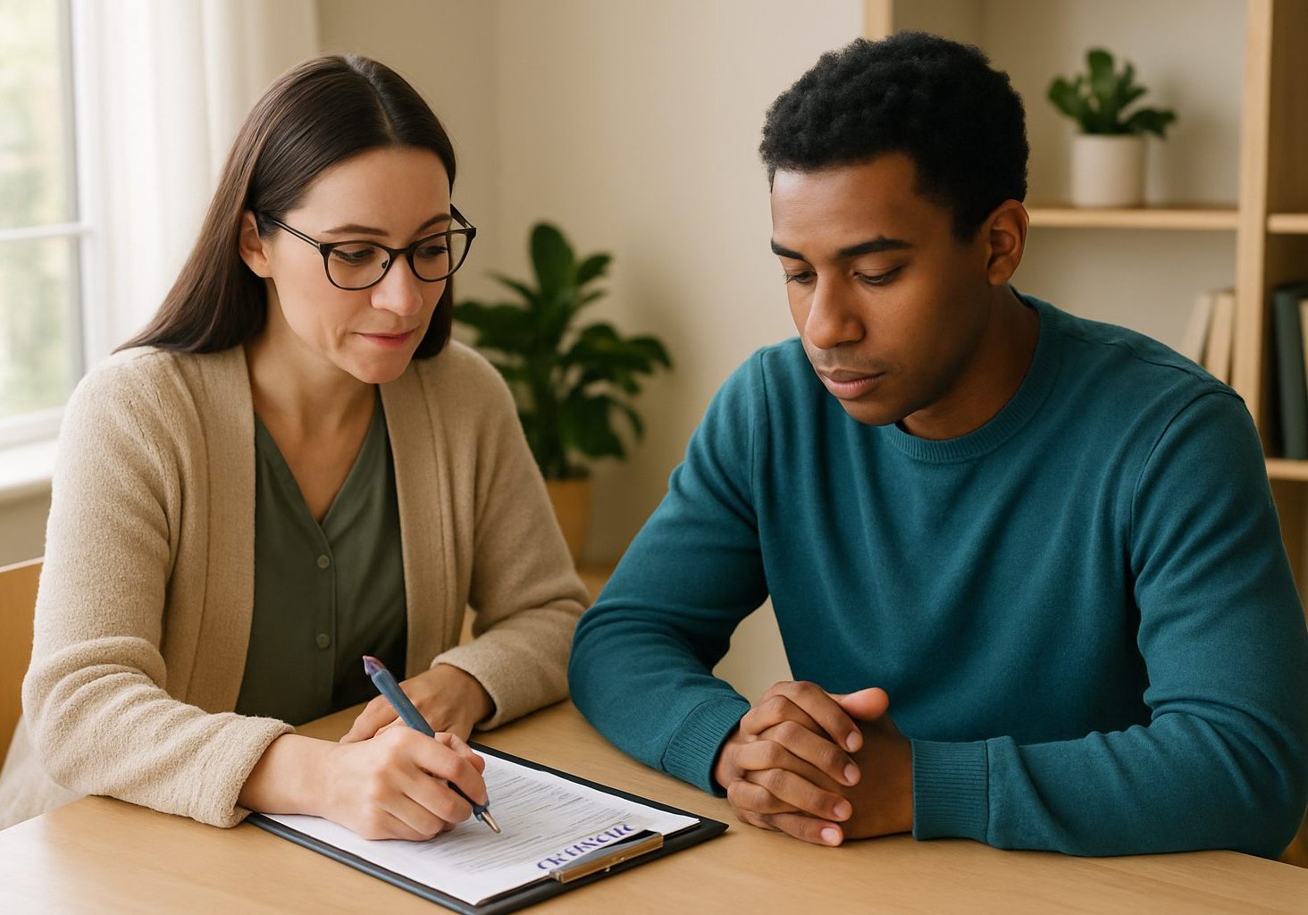 A therapist and client sitting together in a counseling session, collaboratively completing a written mental health safety plan on a clipboard.