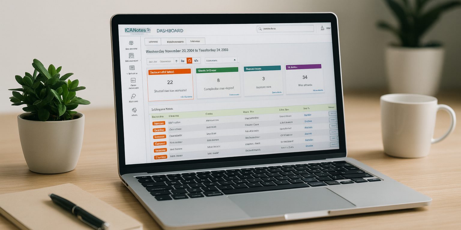 ICANotes EHR dashboard on laptop in modern workspace Laptop displaying ICANotes Behavioral Health EHR dashboard with clinical note tracking