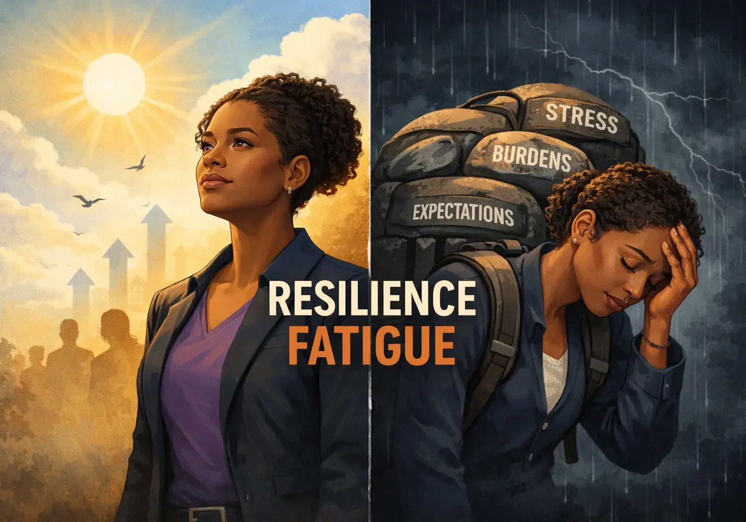 African American woman showing contrast between strength and exhaustion representing resilience fatigue in mental health