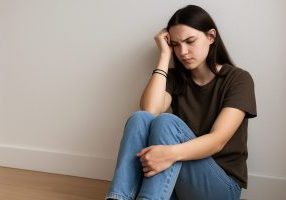 A young person sits on the floor against a softly lit wall, wearing casual clothes and loose rubber bands on their wrist, symbolizing coping and reflection in a safe clinical setting.