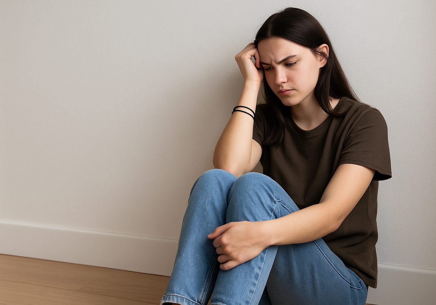 A young person sits on the floor against a softly lit wall, wearing casual clothes and loose rubber bands on their wrist, symbolizing coping and reflection in a safe clinical setting.