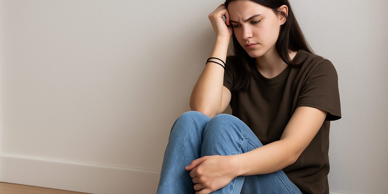 Distressed Young Person Sitting on Floor in Counseling Setting A young person sits on the floor against a softly lit wall, wearing casual clothes and loose rubber bands on their wrist, symbolizing coping and reflection in a safe clinical setting.