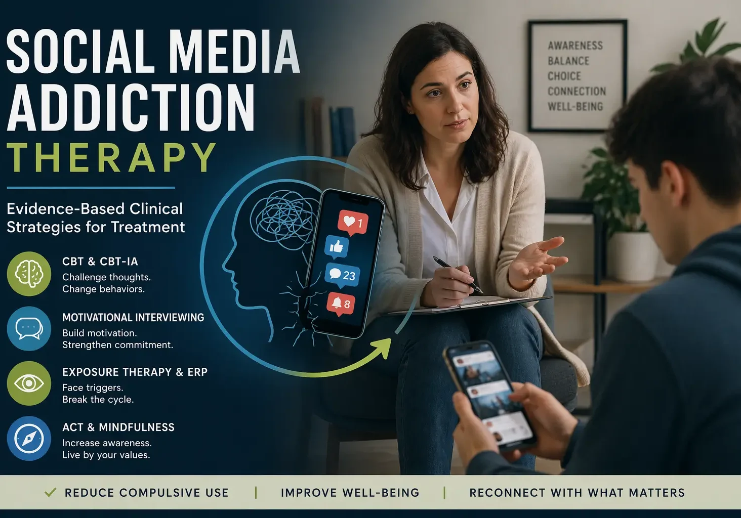 Therapist working with client on social media addiction using evidence-based treatment strategies like CBT and motivational interviewing