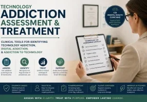 Clinician conducting technology addiction assessment and treatment using structured checklist for digital addiction