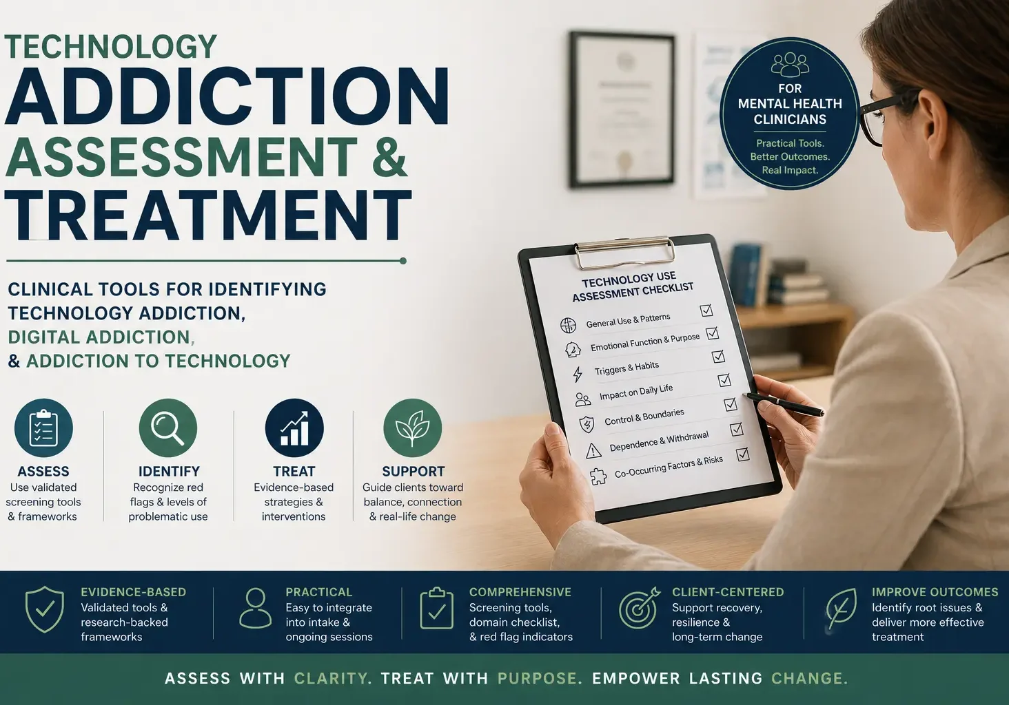 Clinician conducting technology addiction assessment and treatment using structured checklist for digital addiction