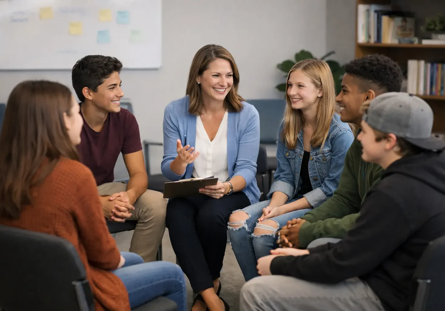 Teen group therapy session with adolescents participating in a therapeutic group discussion led by a mental health clinician.