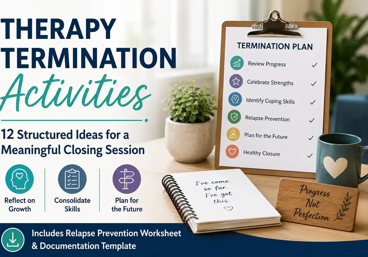 Therapist termination planning worksheet and counseling closure activities used during a therapy termination session to review progress, reinforce coping skills, and create a relapse prevention plan.